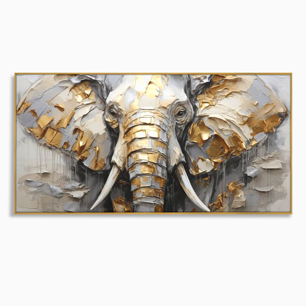 Tablou canvas cu tablou canvas cu cap de elefant in relief si insertii aurii, in rama de aluminiu auriu
