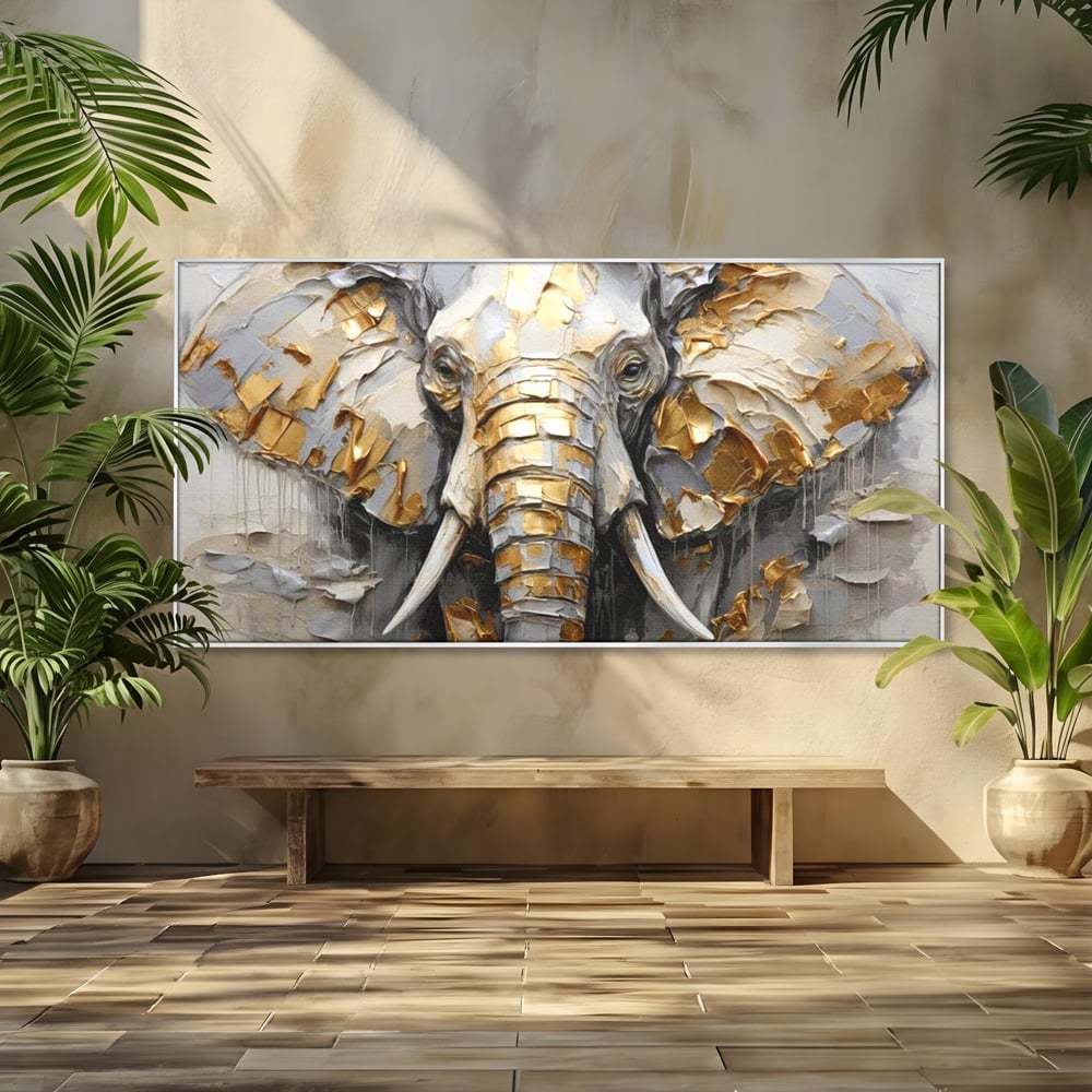 Tablou canvas cu tablou canvas cu cap de elefant in relief si insertii aurii, in rama de aluminiu argintiu