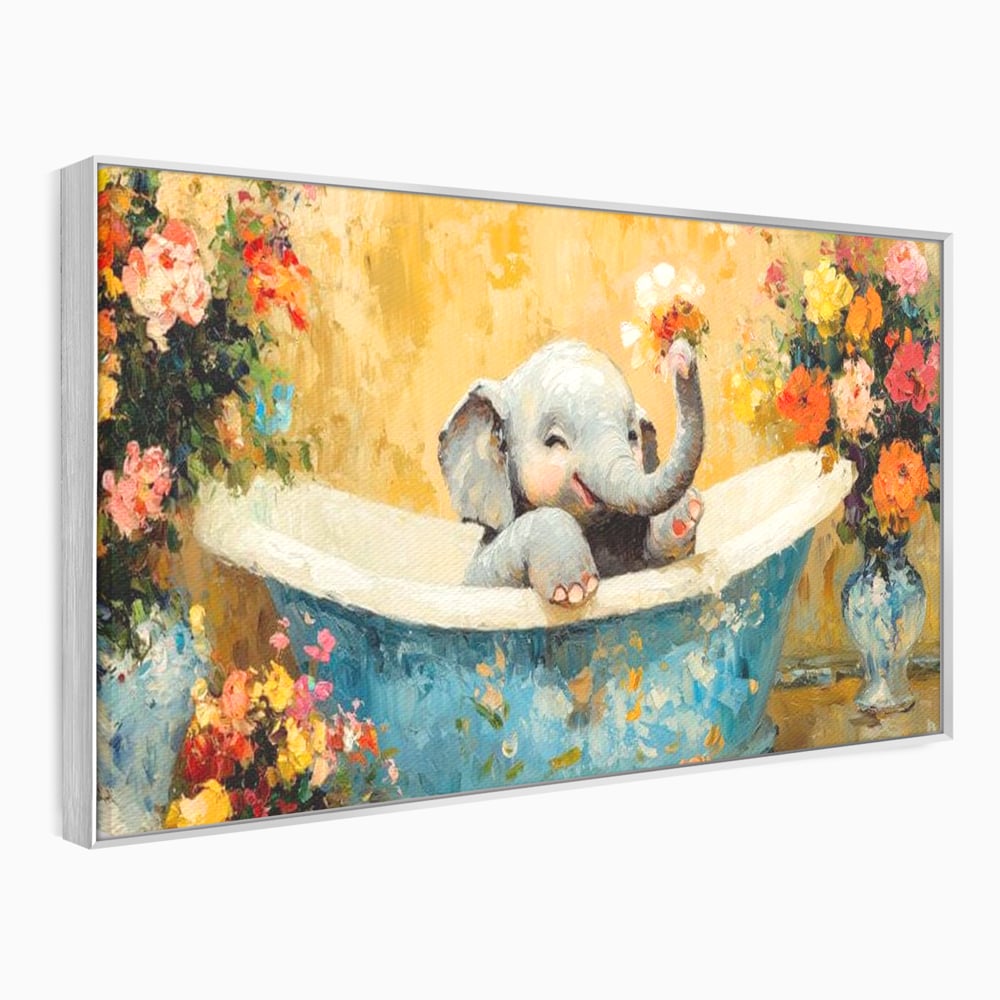 Tablou canvas cu tablou canvas cu pui de elefant in cada, in rama de aluminiu argintiu