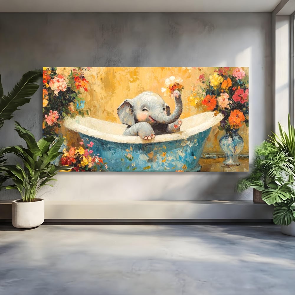 Tablou canvas cu tablou canvas cu pui de elefant in cada, fara rama, pe sasiu de lemn