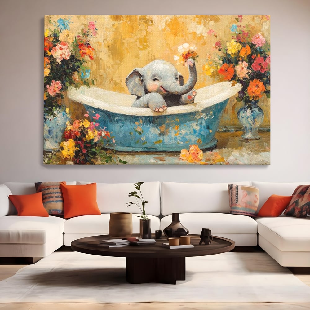 Tablou canvas cu tablou canvas cu pui de elefant in cada, fara rama, pe sasiu de lemn, pe perete intr-un living