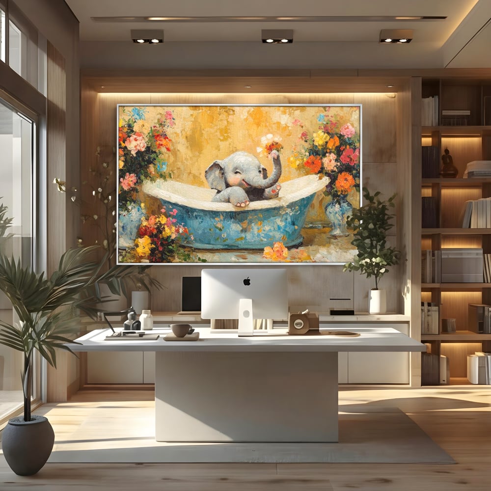 Tablou canvas cu tablou canvas cu pui de elefant in cada, in rama de aluminiu argintiu, pe perete intr-un birou