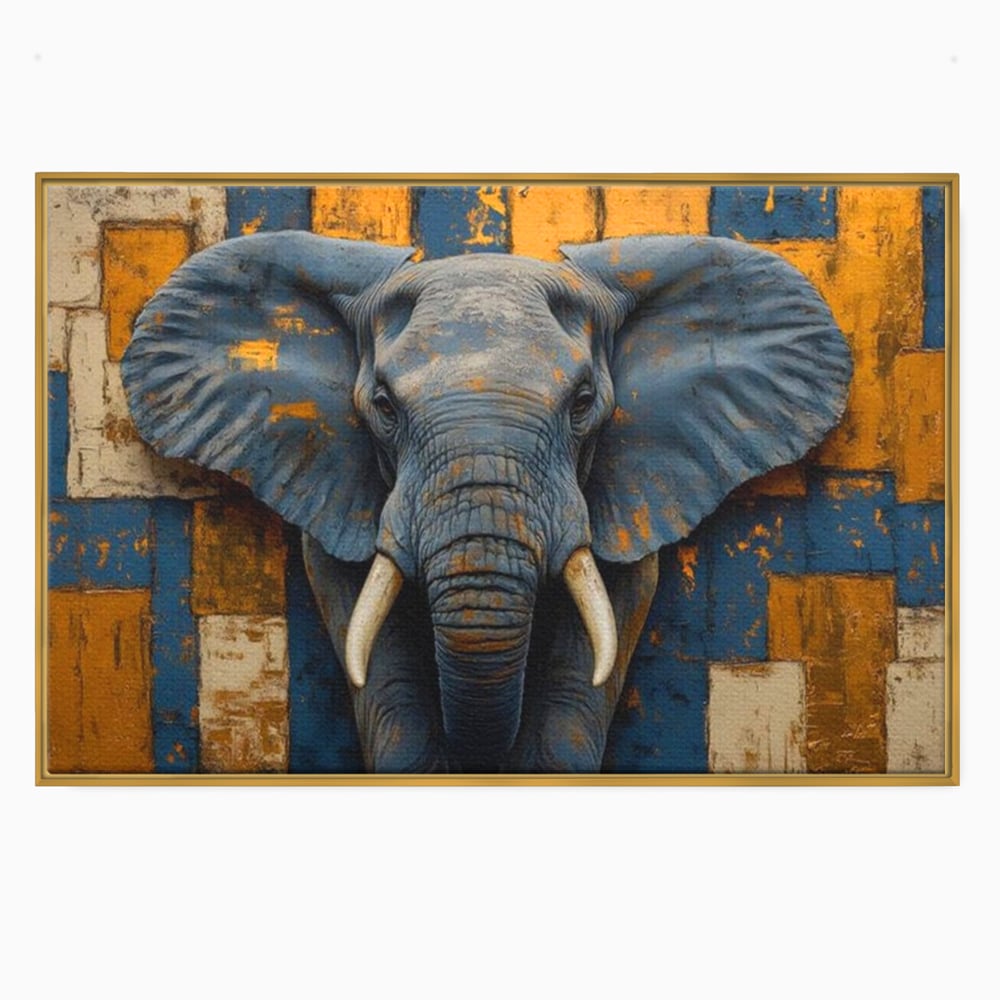 Tablou canvas cu tablou canvas cu cap de elefant, in rama de aluminiu auriu