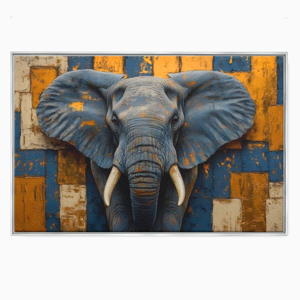 Tablou canvas cu tablou canvas cu cap de elefant, in rama de aluminiu argintiu
