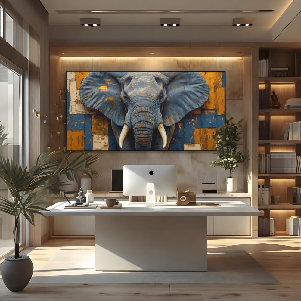 Tablou canvas cu tablou canvas cu cap de elefant, in rama de aluminiu negru, pe perete intr-un birou
