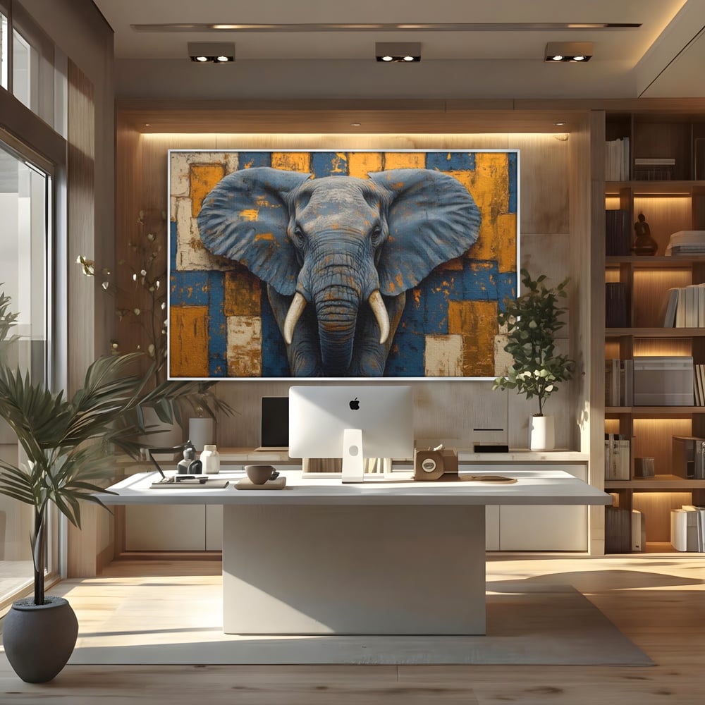 Tablou canvas cu tablou canvas cu cap de elefant, in rama de aluminiu argintiu, pe perete intr-un birou