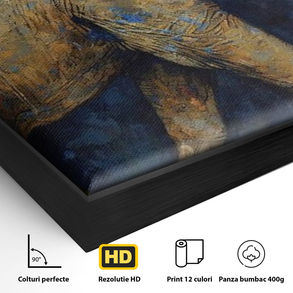 Detaliu al suprafetei: tablou canvas cu pictura de elefant auriu, in rama de aluminiu negru