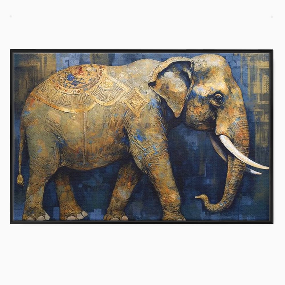 Tablou canvas cu tablou canvas cu pictura de elefant auriu, in rama de aluminiu negru