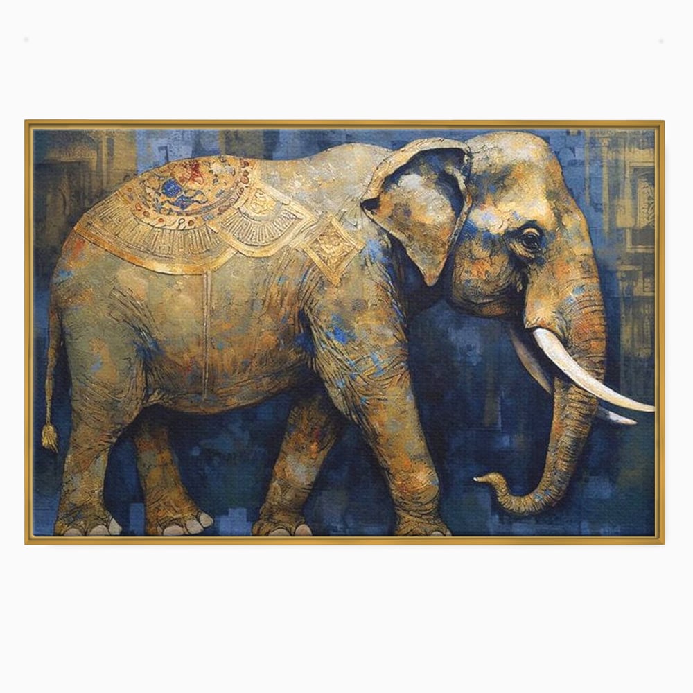 Tablou canvas cu tablou canvas cu pictura de elefant auriu, in rama de aluminiu auriu