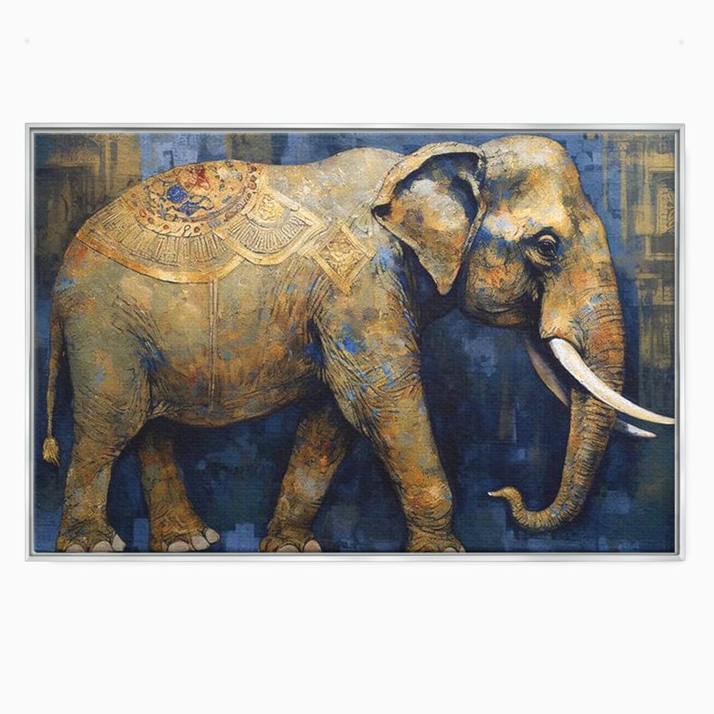 Tablou canvas cu tablou canvas cu pictura de elefant auriu, in rama de aluminiu argintiu