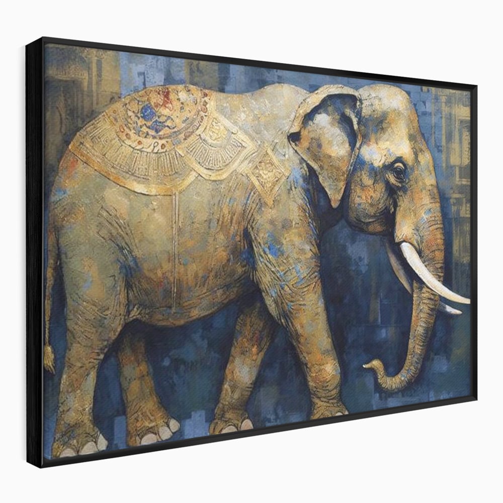 Tablou canvas cu tablou canvas cu pictura de elefant auriu, in rama de aluminiu negru