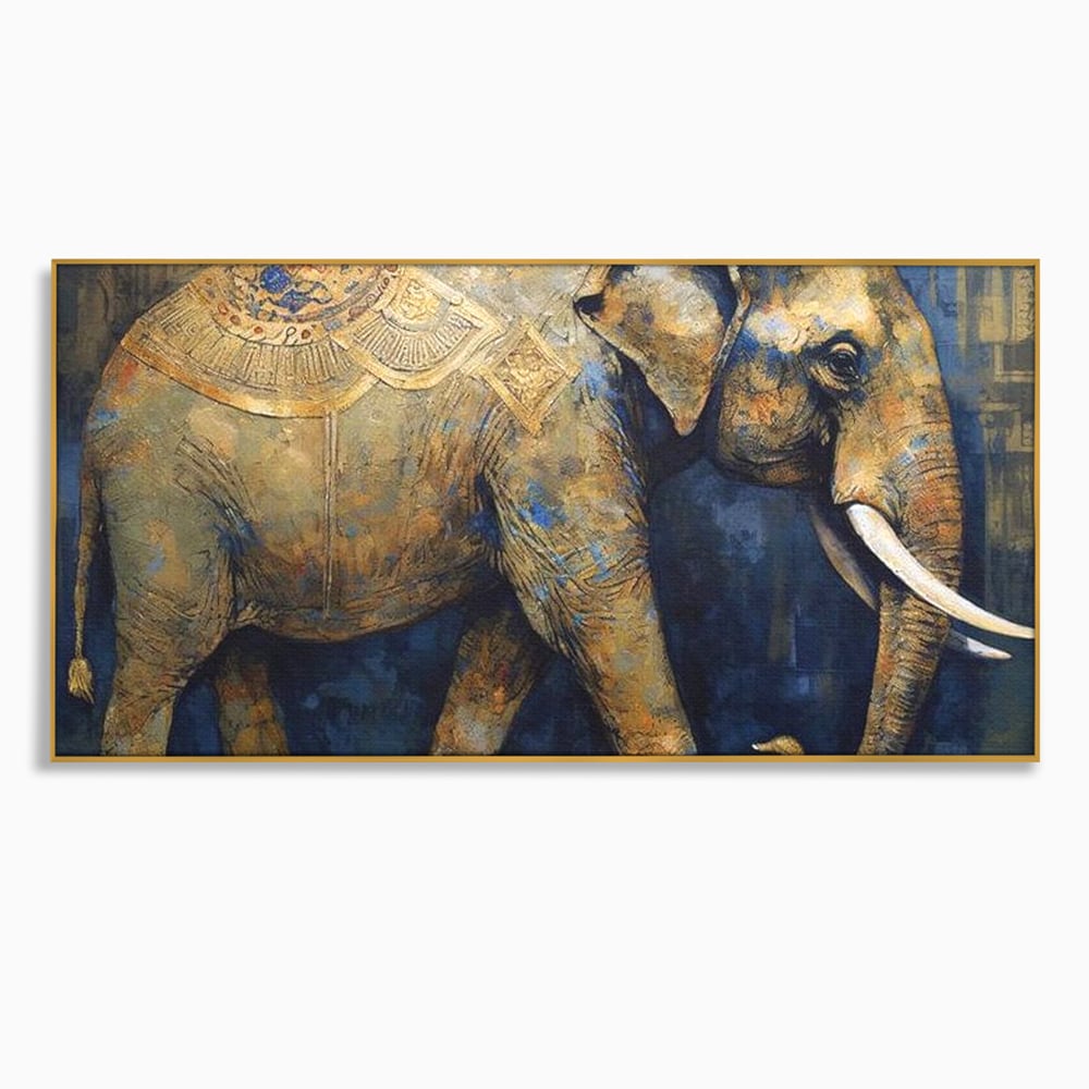 Tablou canvas cu tablou canvas cu pictura de elefant auriu, in rama de aluminiu auriu