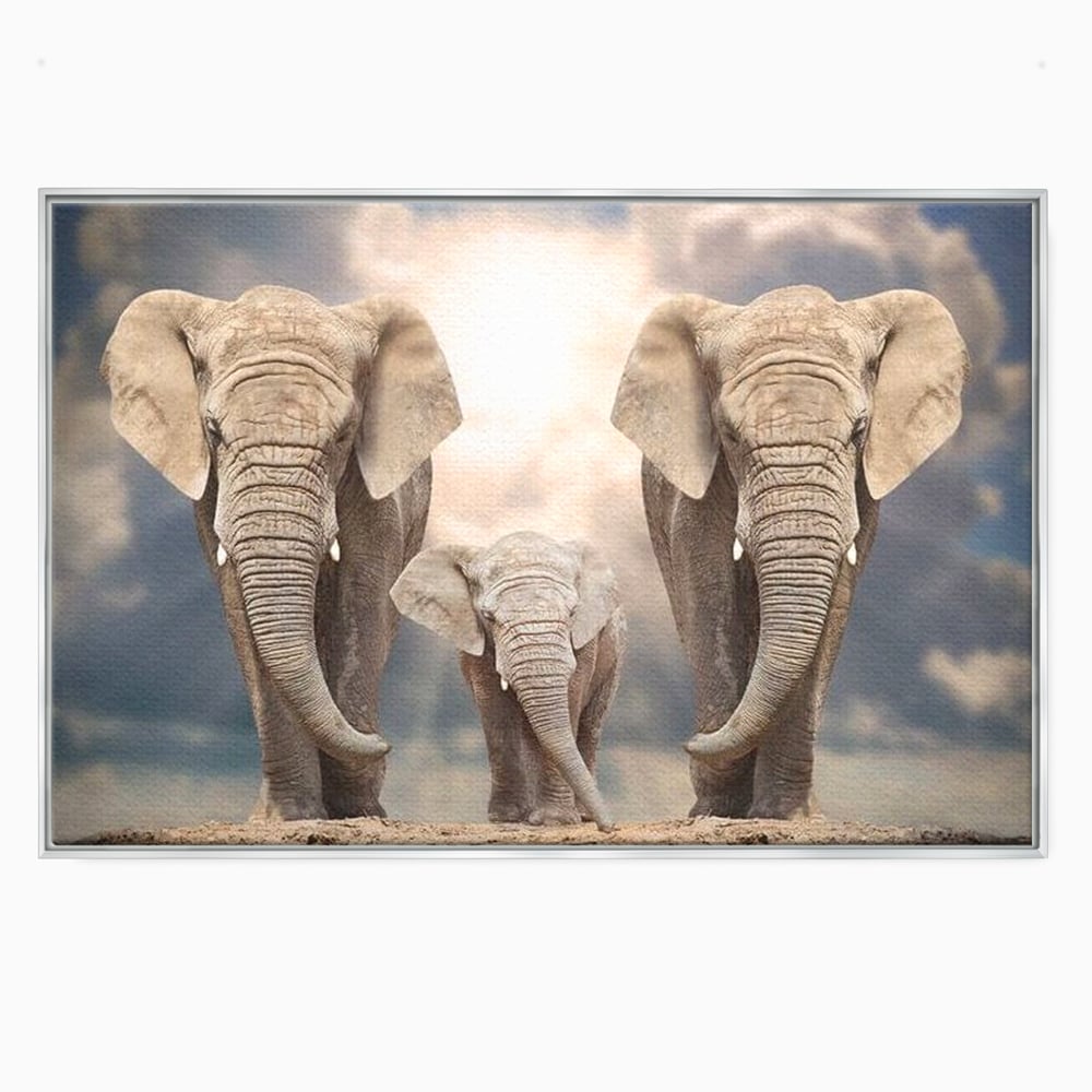 Tablou canvas cu tablou canvas cu trei elefanti, in rama de aluminiu argintiu
