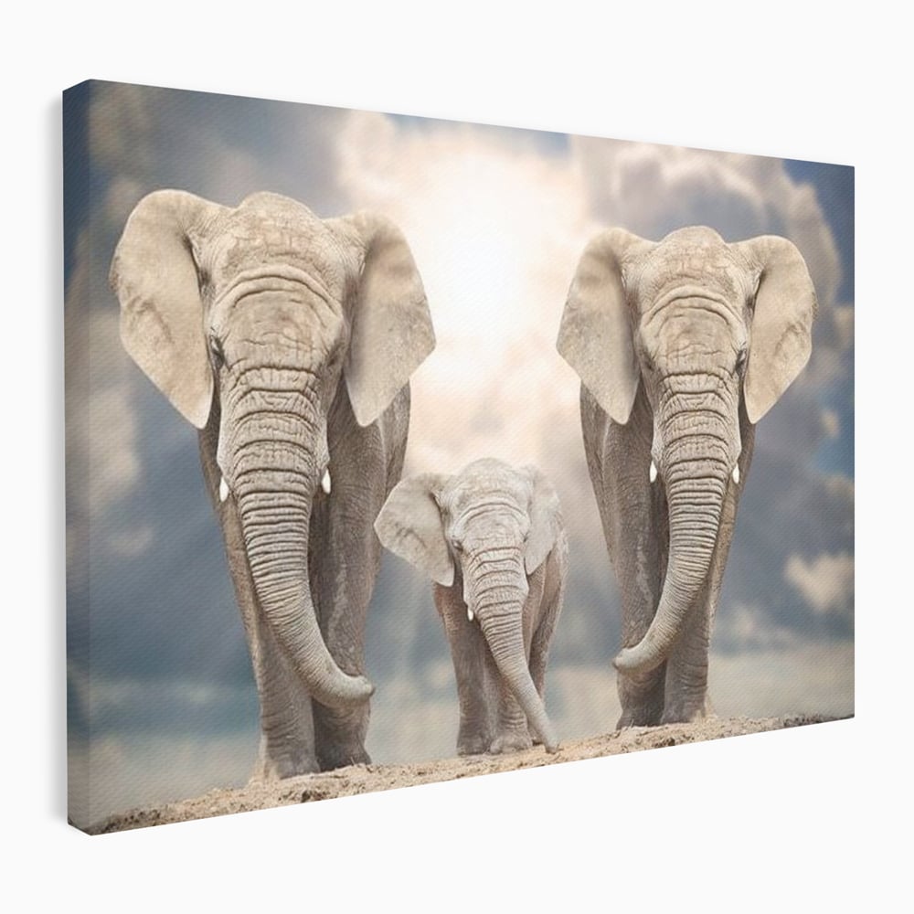 Tablou canvas cu tablou canvas cu trei elefanti, fara rama, pe sasiu de lemn