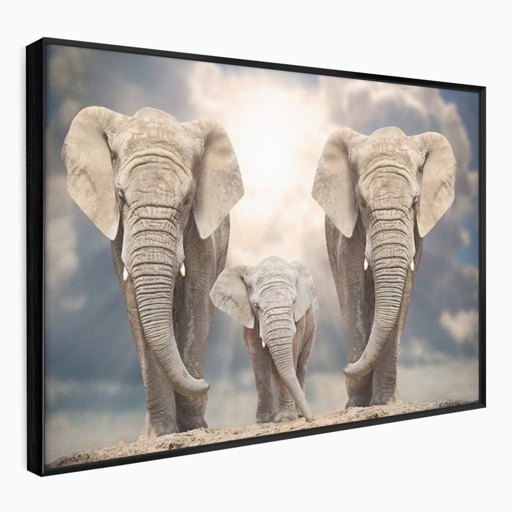 Tablou canvas cu tablou canvas cu trei elefanti, in rama de aluminiu negru