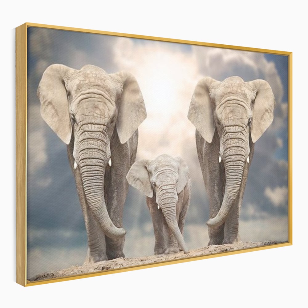Tablou canvas cu tablou canvas cu trei elefanti, in rama de aluminiu auriu