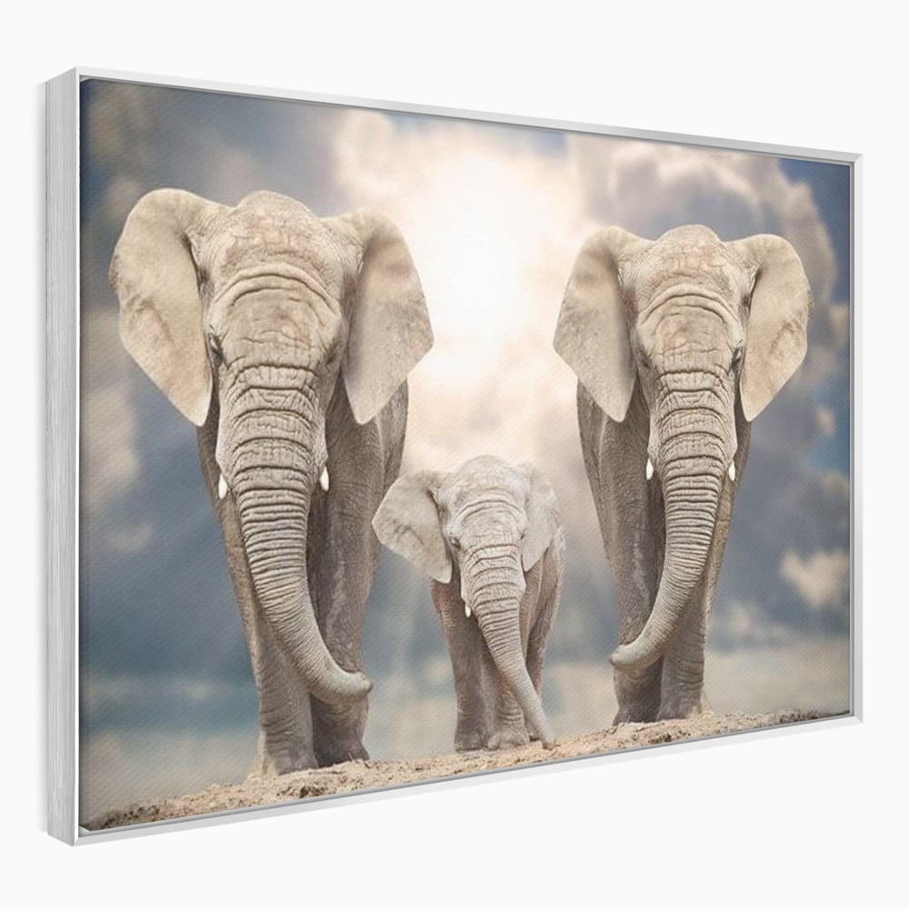 Tablou canvas cu tablou canvas cu trei elefanti, in rama de aluminiu argintiu