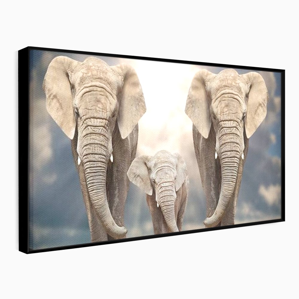 Tablou canvas cu tablou canvas cu trei elefanti, in rama de aluminiu negru
