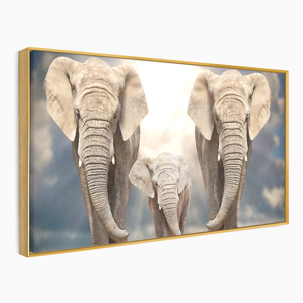 Tablou canvas cu tablou canvas cu trei elefanti, in rama de aluminiu auriu
