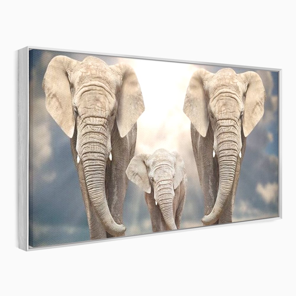 Tablou canvas cu tablou canvas cu trei elefanti, in rama de aluminiu argintiu