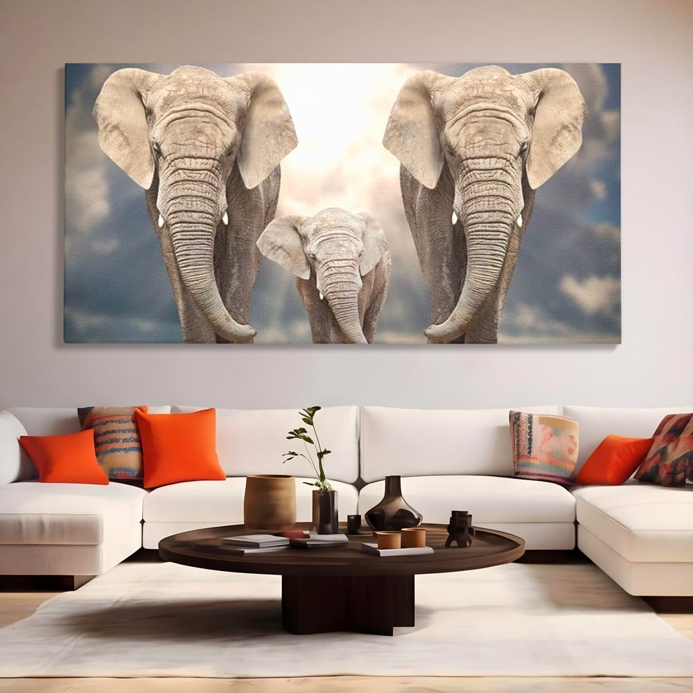 Tablou canvas cu tablou canvas cu trei elefanti, fara rama, pe sasiu de lemn, pe perete intr-un living