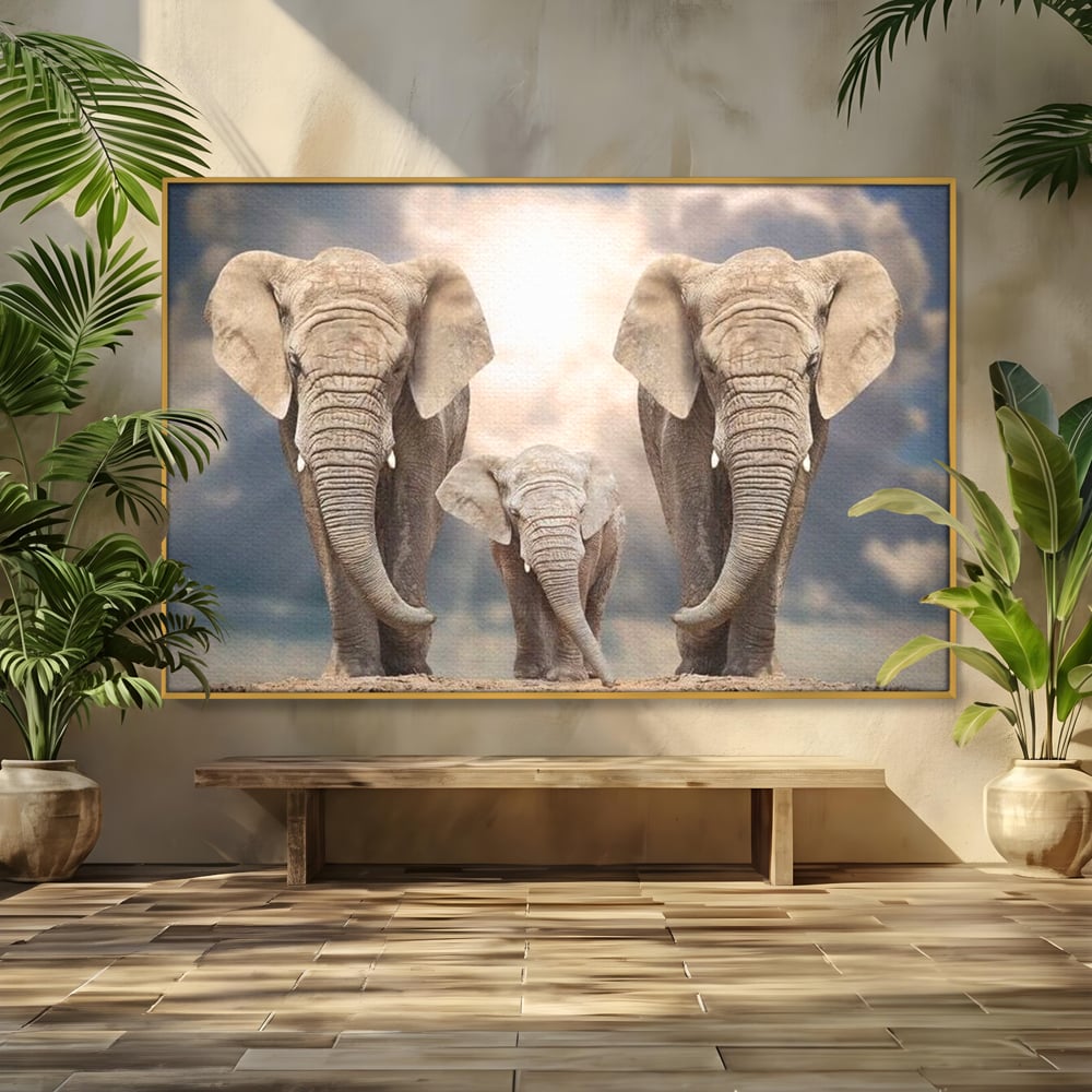 Tablou canvas cu tablou canvas cu trei elefanti, in rama de aluminiu auriu