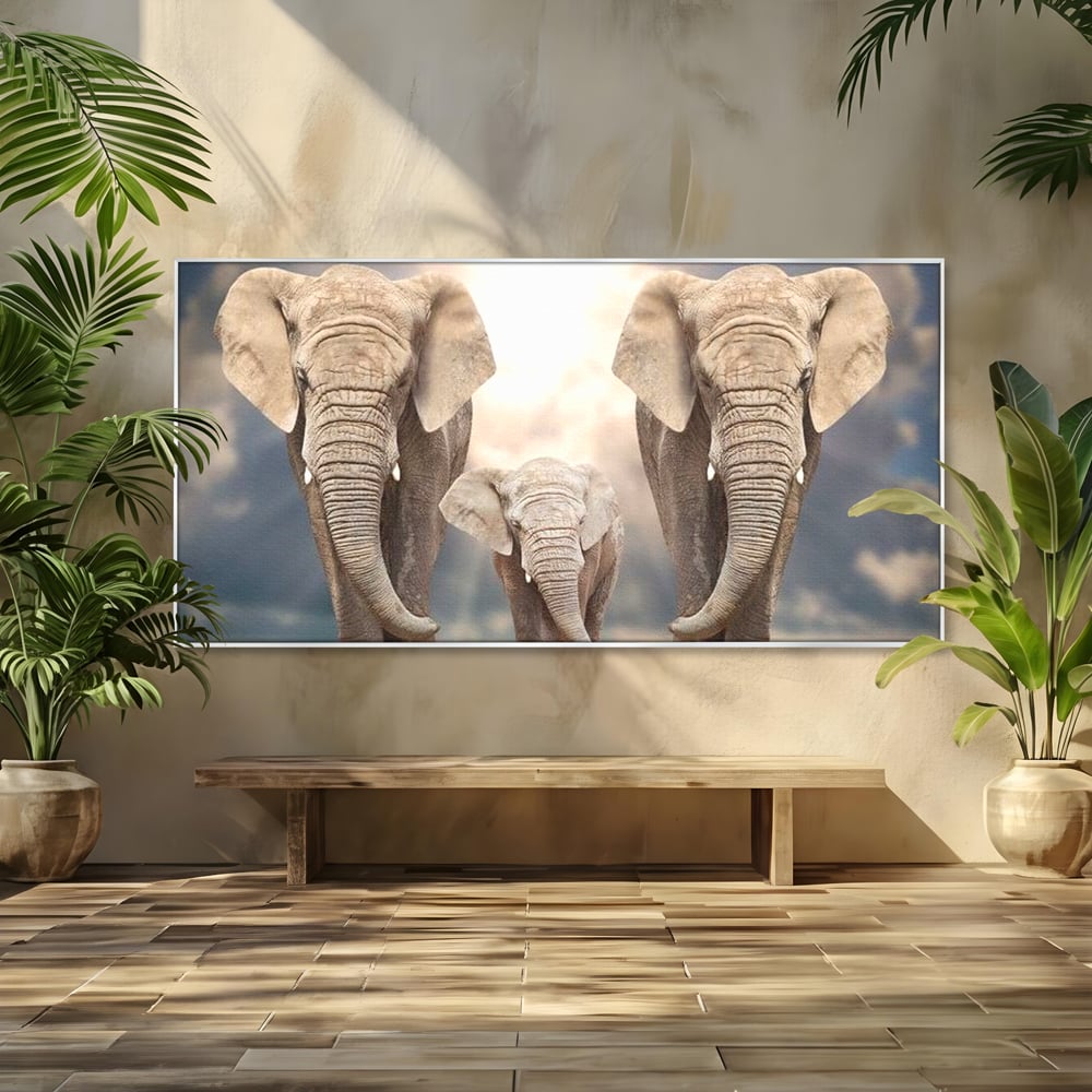 Tablou canvas cu tablou canvas cu trei elefanti, in rama de aluminiu argintiu