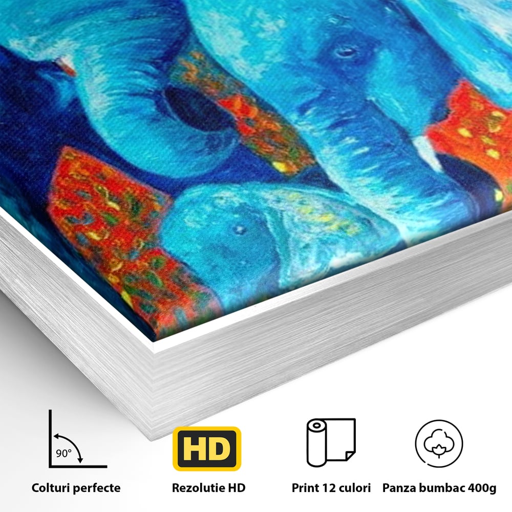 Detaliu al suprafetei: pictura canvas cu familie de elefanti, in rama de aluminiu argintiu