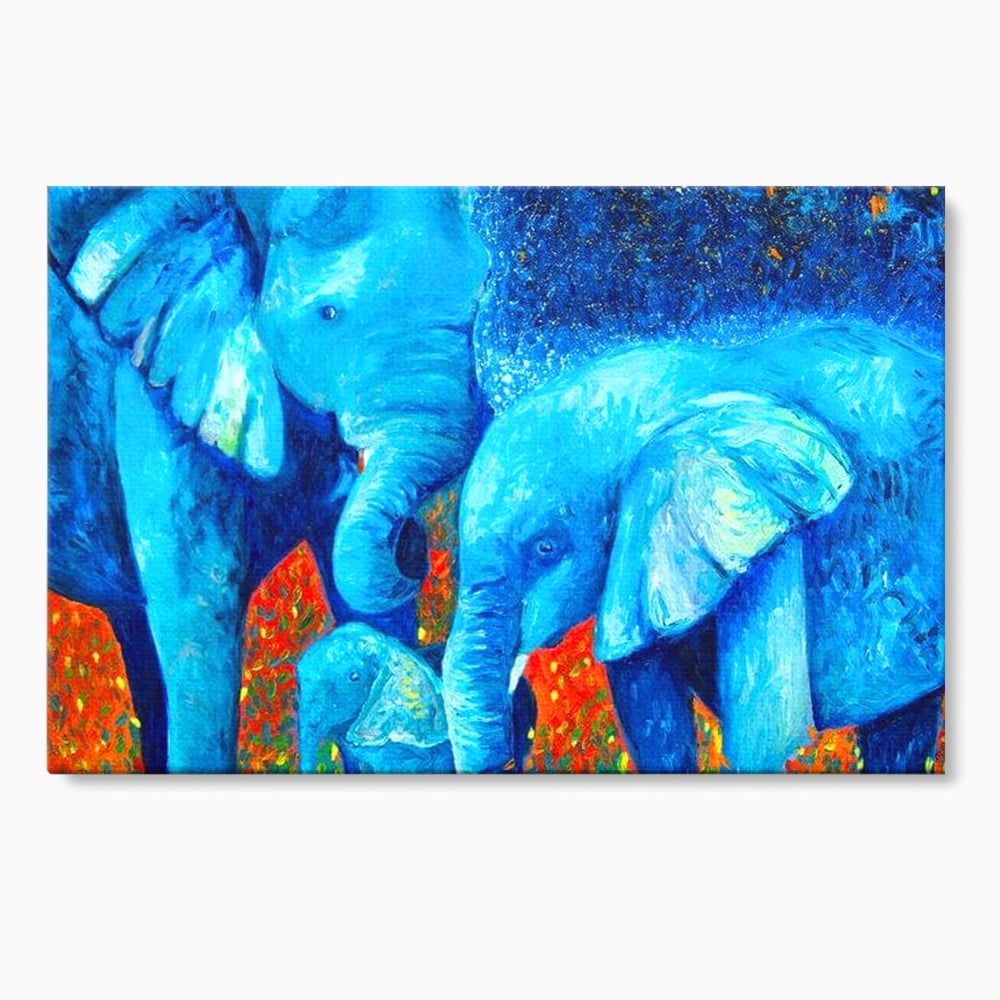 Tablou canvas cu pictura canvas cu familie de elefanti, fara rama, pe sasiu de lemn