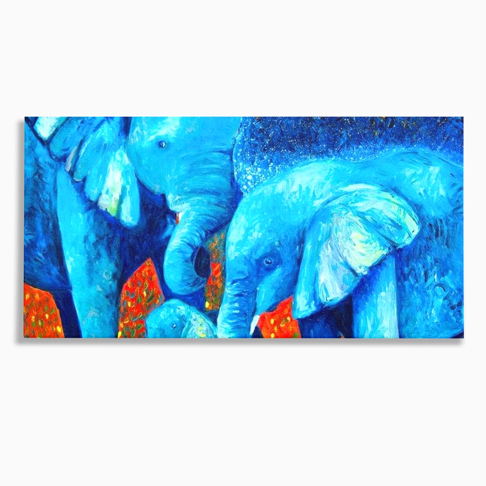 Tablou canvas cu pictura canvas cu familie de elefanti, fara rama, pe sasiu de lemn