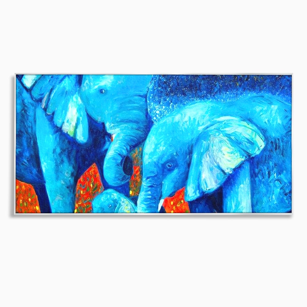 Tablou canvas cu pictura canvas cu familie de elefanti, in rama de aluminiu argintiu