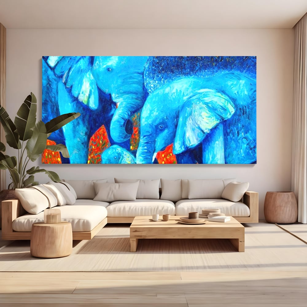 Tablou canvas cu pictura canvas cu familie de elefanti, fara rama, pe sasiu de lemn, pe perete intr-un living