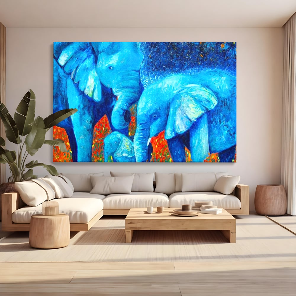 Tablou canvas cu pictura canvas cu familie de elefanti, fara rama, pe sasiu de lemn, pe perete intr-un living