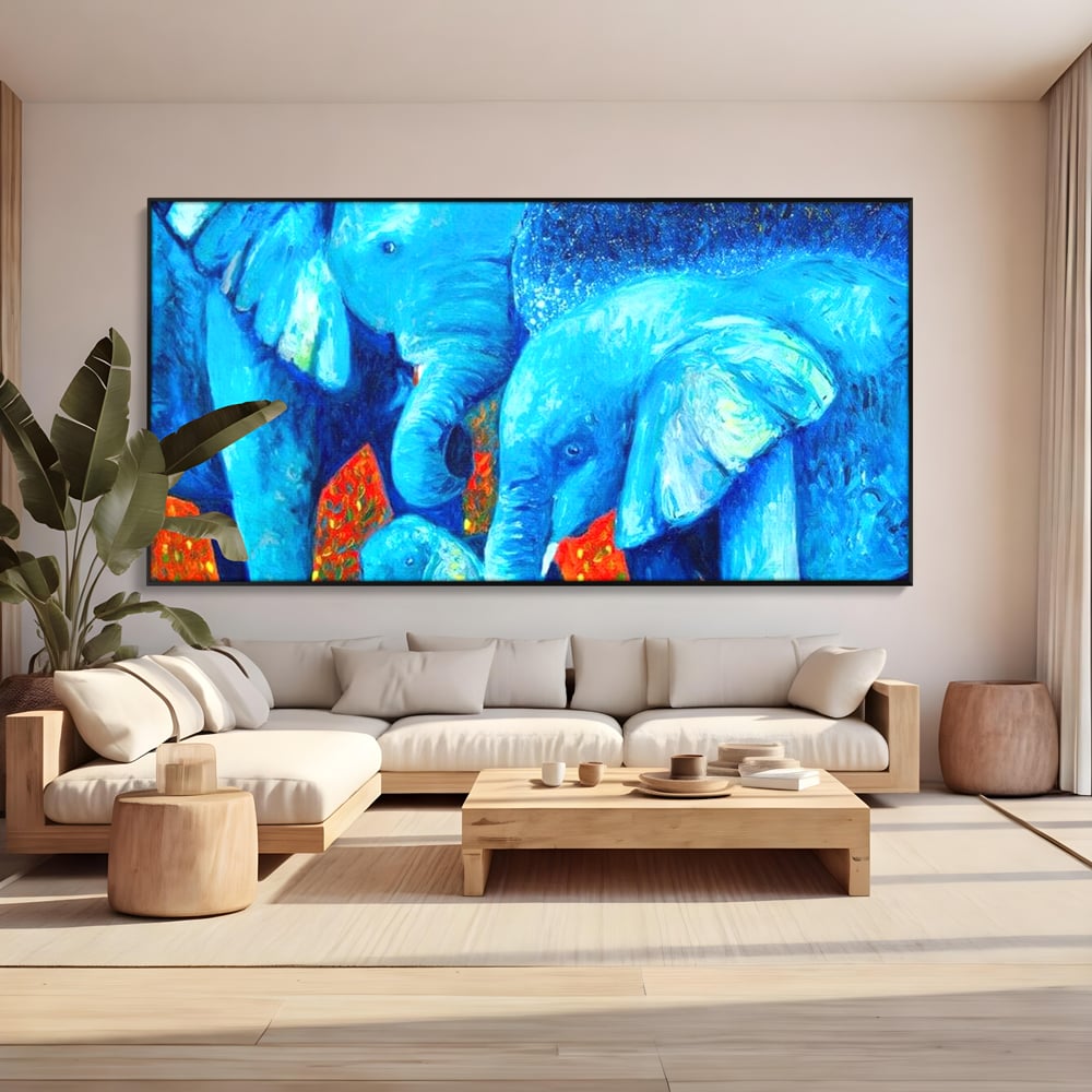 Tablou canvas cu pictura canvas cu familie de elefanti, in rama de aluminiu negru, pe perete intr-un living