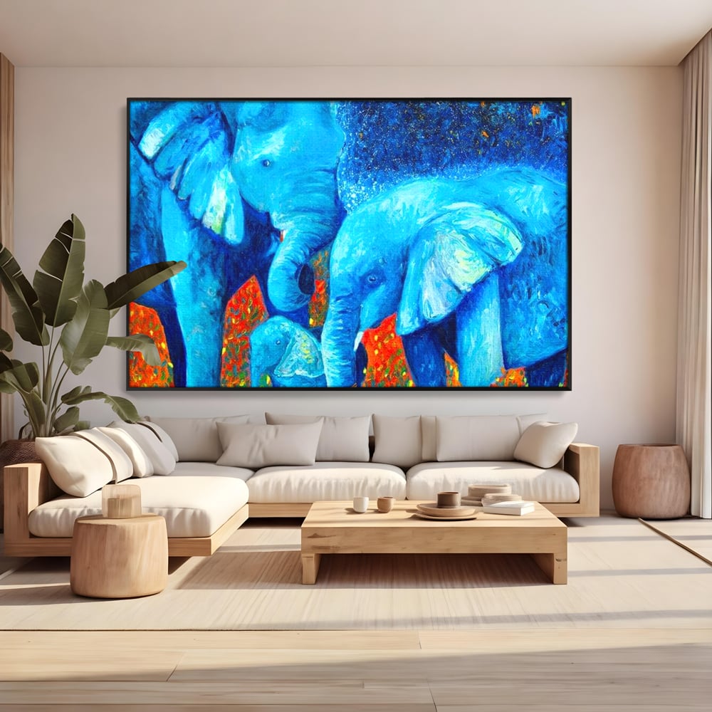 Tablou canvas cu pictura canvas cu familie de elefanti, in rama de aluminiu negru, pe perete intr-un living