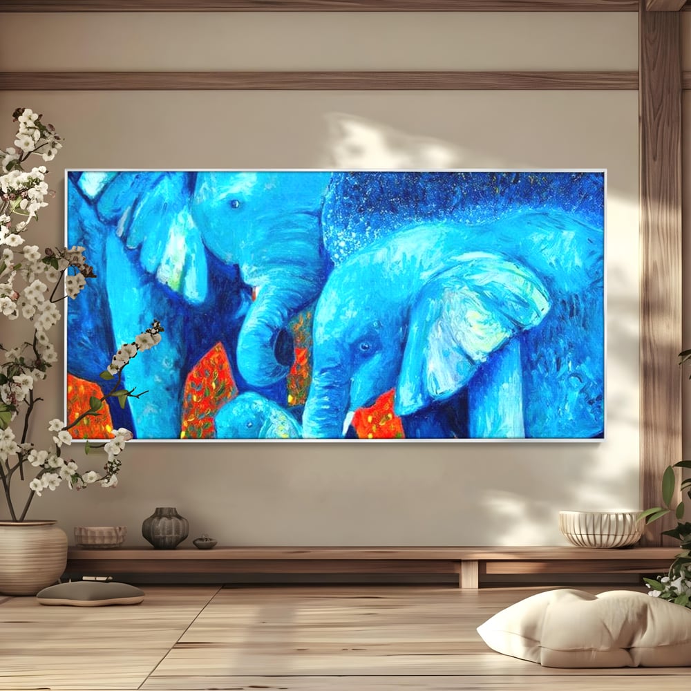 Tablou canvas cu pictura canvas cu familie de elefanti, in rama de aluminiu argintiu