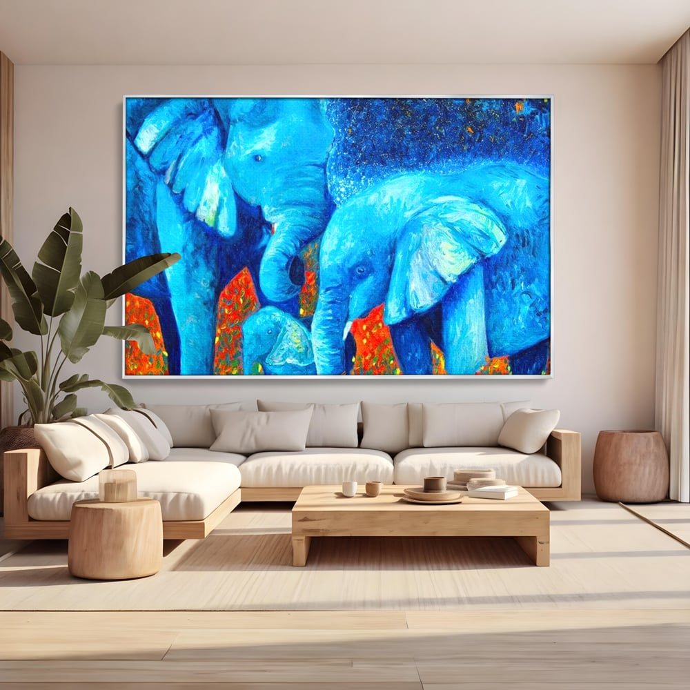 Tablou canvas cu pictura canvas cu familie de elefanti, in rama de aluminiu argintiu, pe perete intr-un living