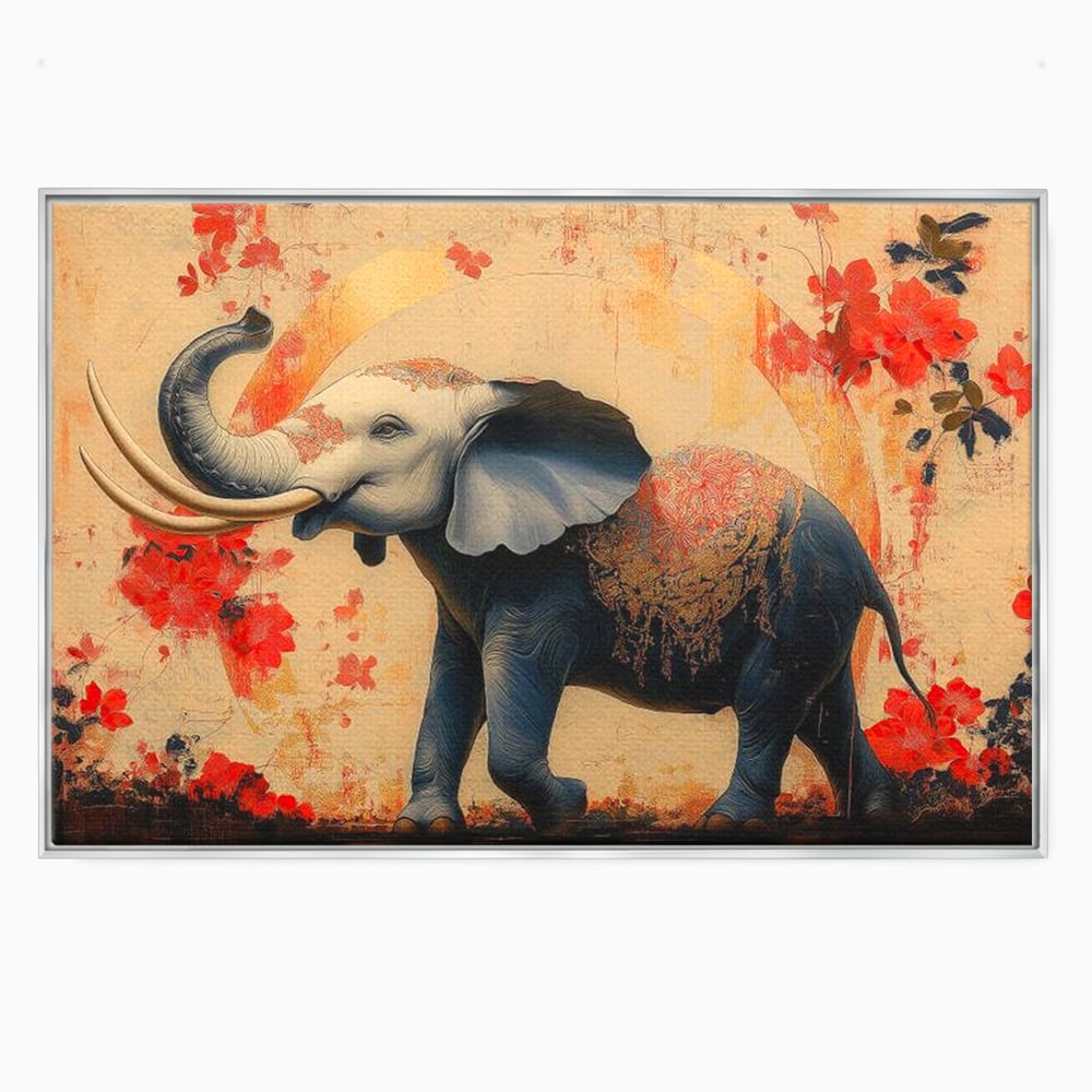 Tablou canvas cu tablou canvas cu elefant albastru, in rama de aluminiu argintiu