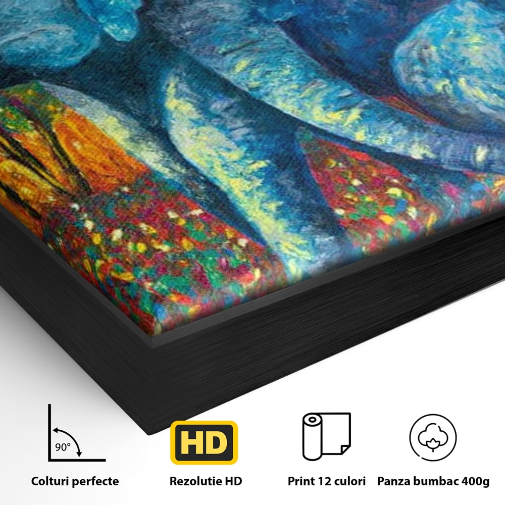 Detaliu al suprafetei: tablou canvas cu elefanti expresionisti, in rama de aluminiu negru