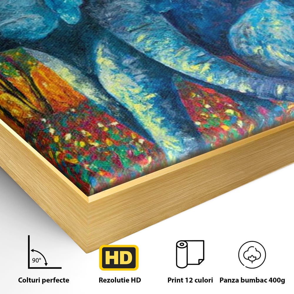 Detaliu al suprafetei: tablou canvas cu elefanti expresionisti, in rama de aluminiu auriu