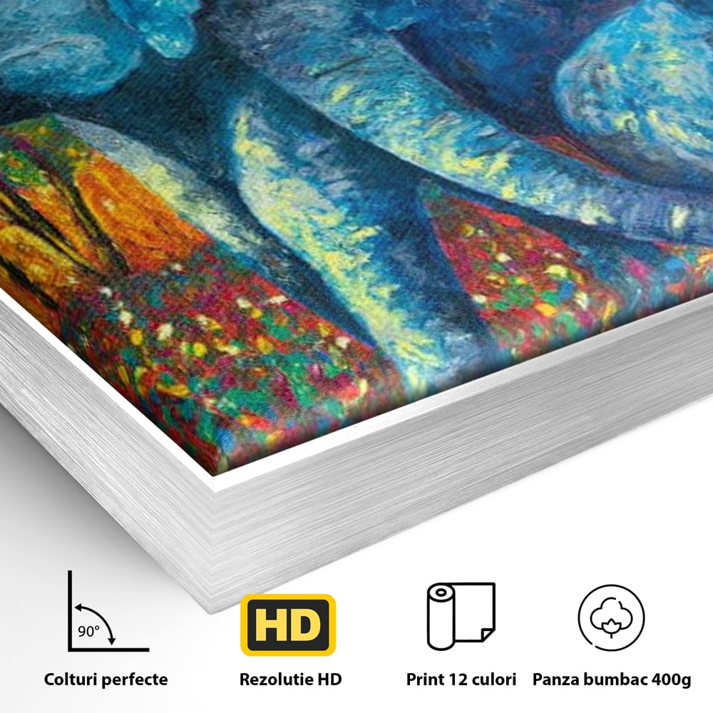 Detaliu al suprafetei: tablou canvas cu elefanti expresionisti, in rama de aluminiu argintiu