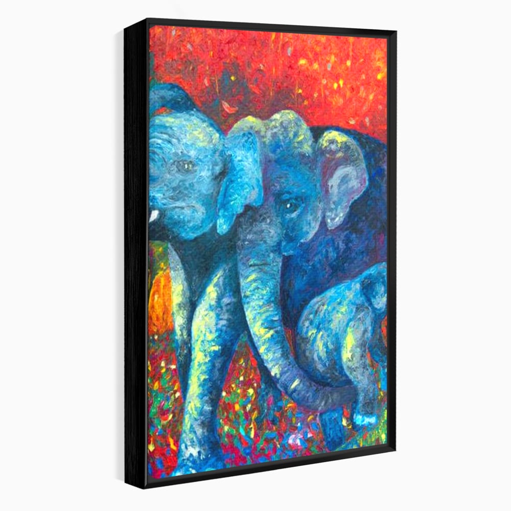 Tablou canvas cu tablou canvas cu elefanti expresionisti, in rama de aluminiu negru