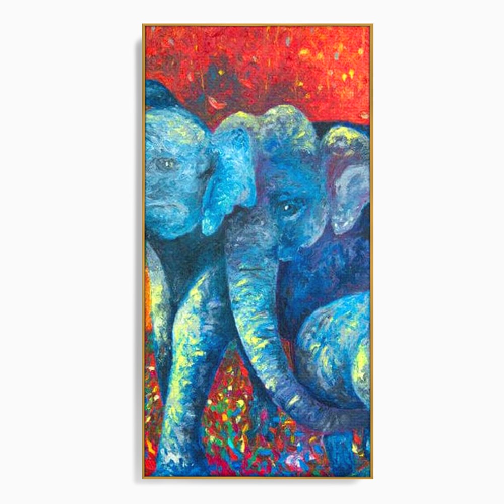 Tablou canvas cu tablou canvas cu elefanti expresionisti, in rama de aluminiu auriu