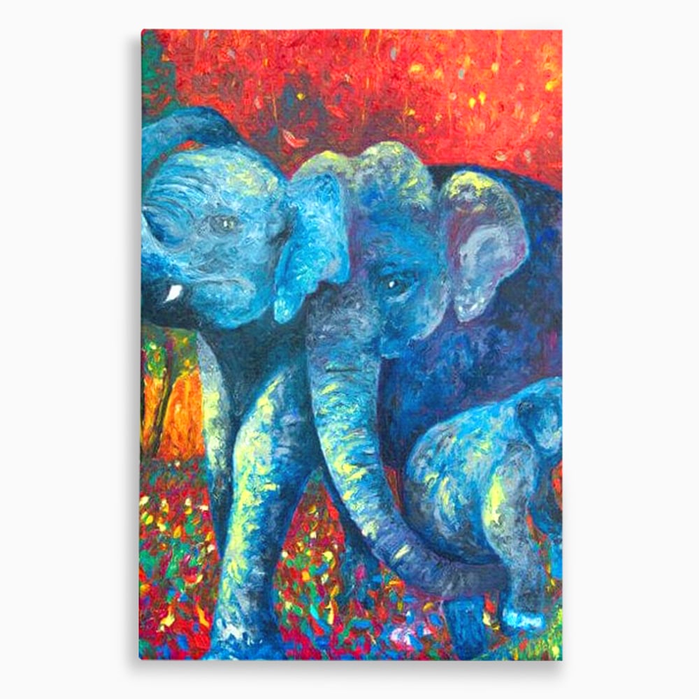 Tablou canvas cu tablou canvas cu elefanti expresionisti, fara rama, pe sasiu de lemn