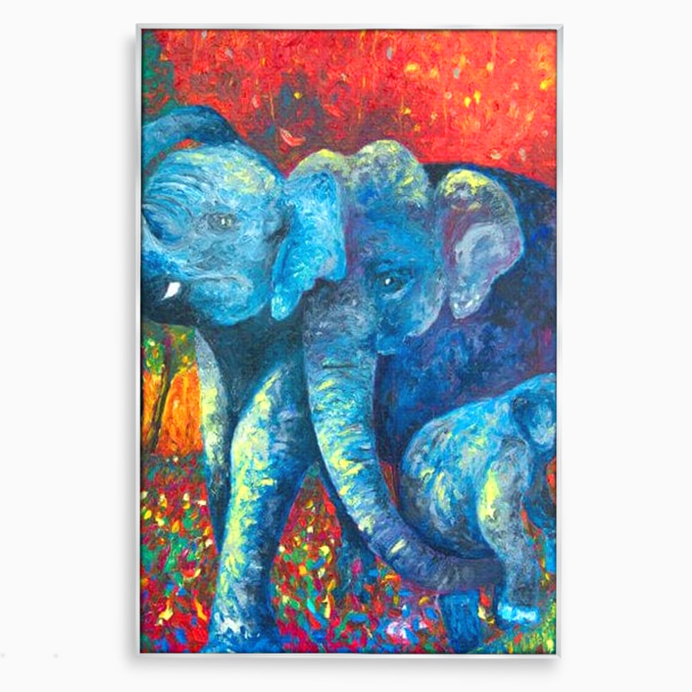 Tablou canvas cu tablou canvas cu elefanti expresionisti, in rama de aluminiu argintiu