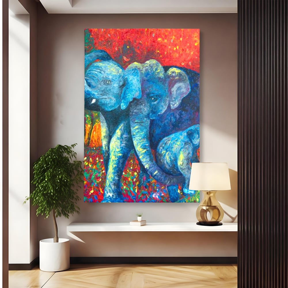Tablou canvas cu tablou canvas cu elefanti expresionisti, fara rama, pe sasiu de lemn