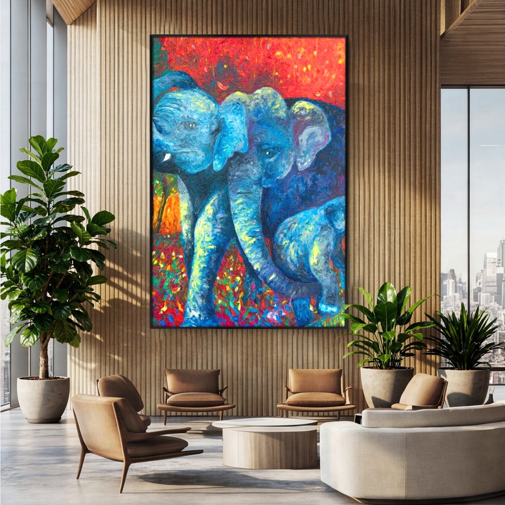Tablou canvas cu tablou canvas cu elefanti expresionisti, in rama de aluminiu negru, pe perete intr-un birou
