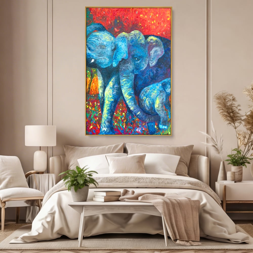 Tablou canvas cu tablou canvas cu elefanti expresionisti, in rama de aluminiu auriu, pe perete intr-un dormitor