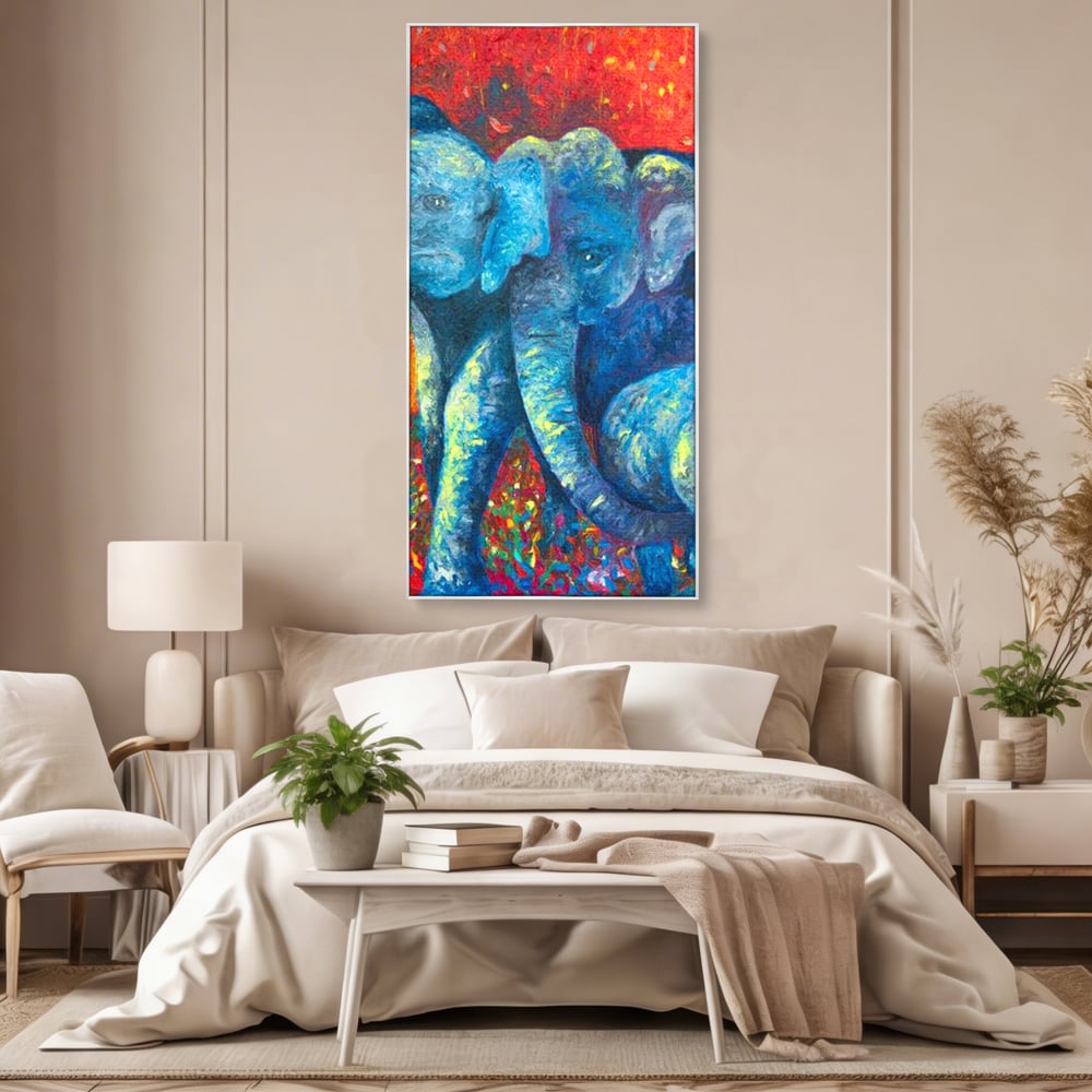 Tablou canvas cu tablou canvas cu elefanti expresionisti, in rama de aluminiu argintiu, pe perete intr-un dormitor