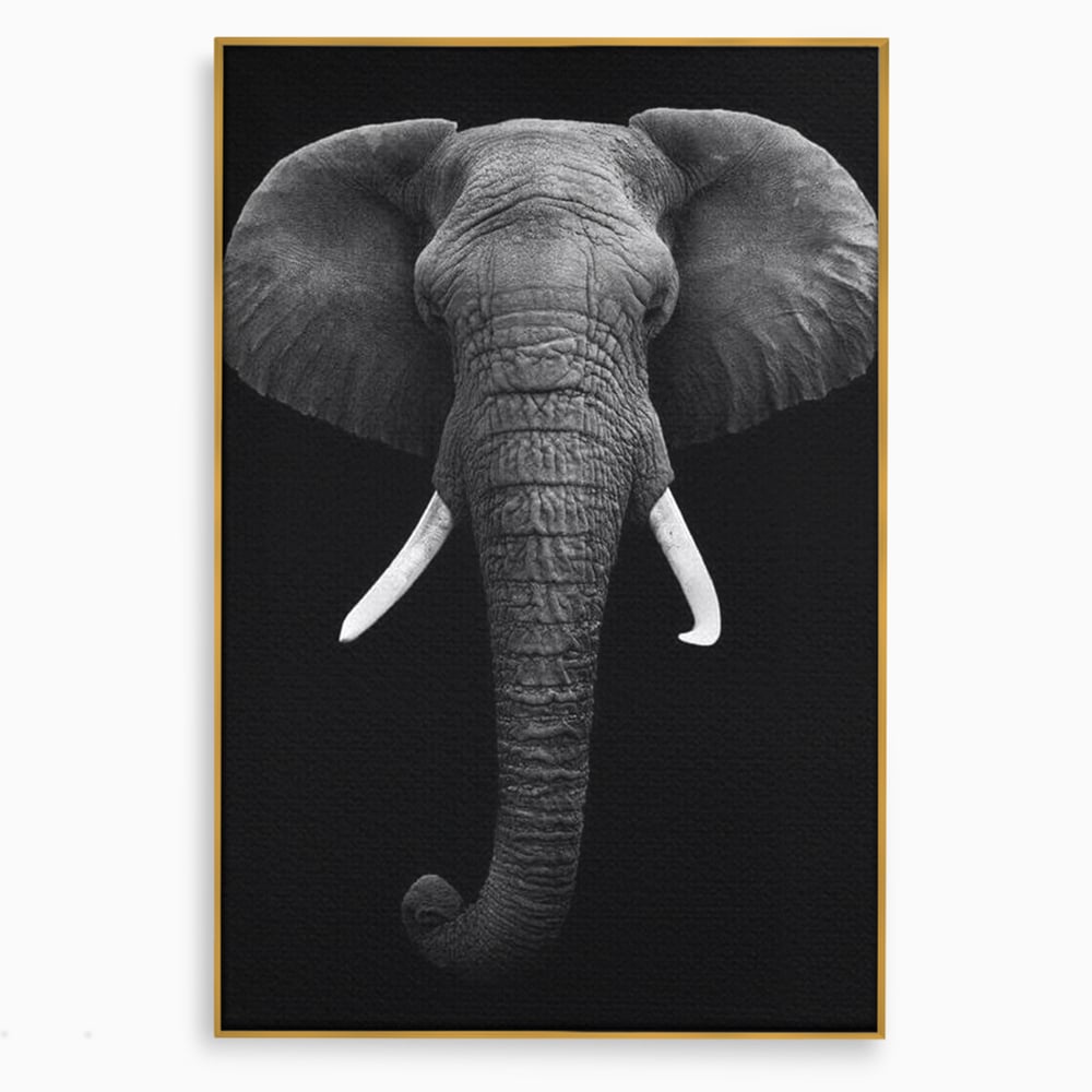 Tablou canvas cu tablou canvas cu cap de elefant, in rama de aluminiu auriu